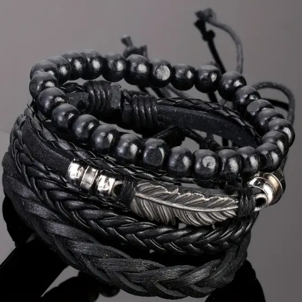 4-Piece Men Layered Black Leather Bracelet